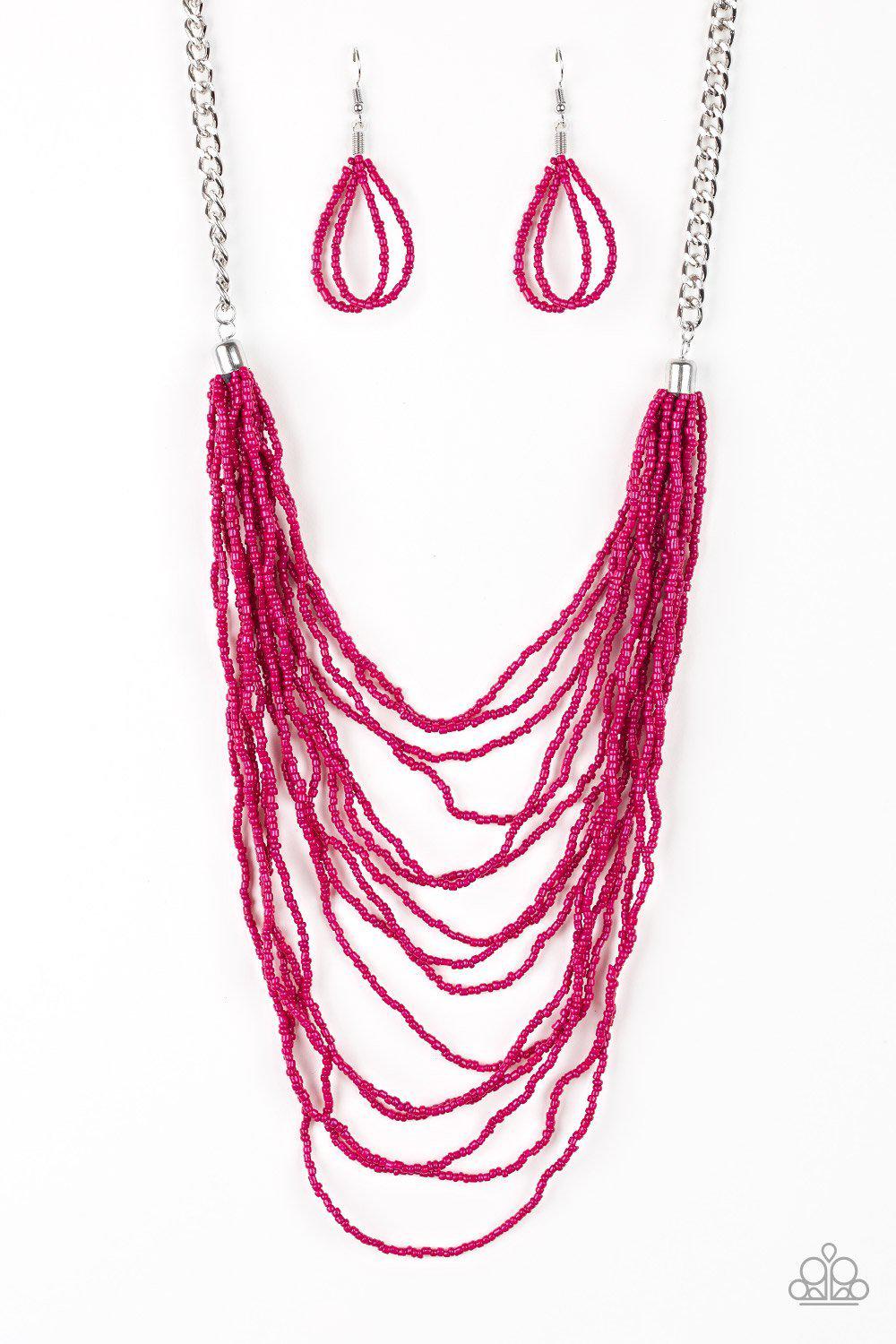 Bora Bombora - Pink Seed Bead Necklace and matching Earrings - Paparazzi Accessories-CarasShop.com - $5 Jewelry by Cara Jewels