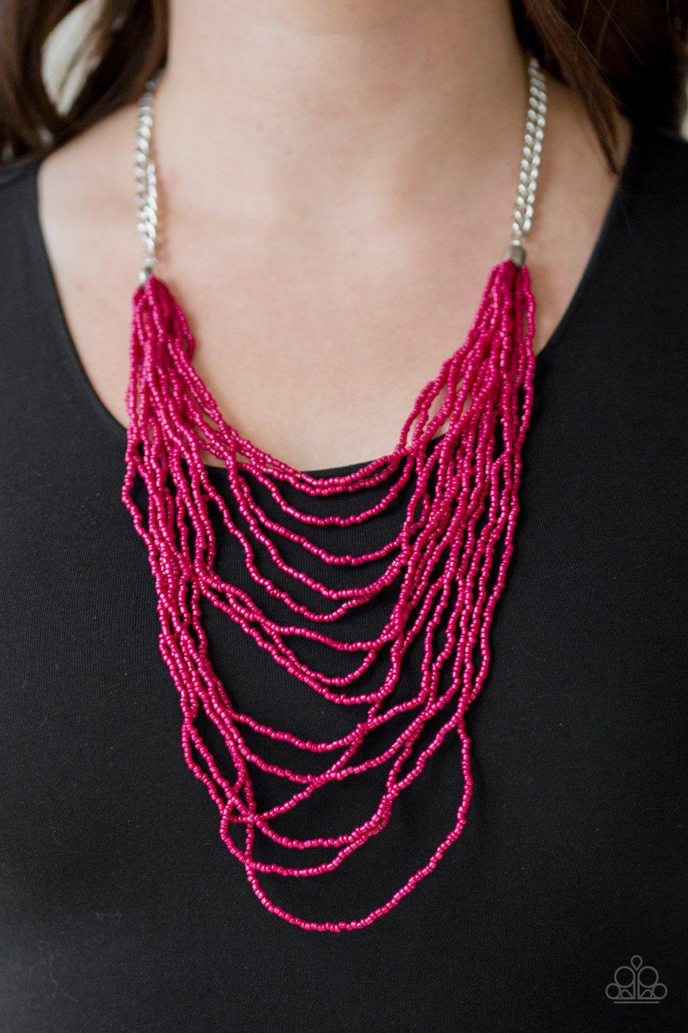 Bora Bombora - Pink Seed Bead Necklace and matching Earrings - Paparazzi Accessories-CarasShop.com - $5 Jewelry by Cara Jewels