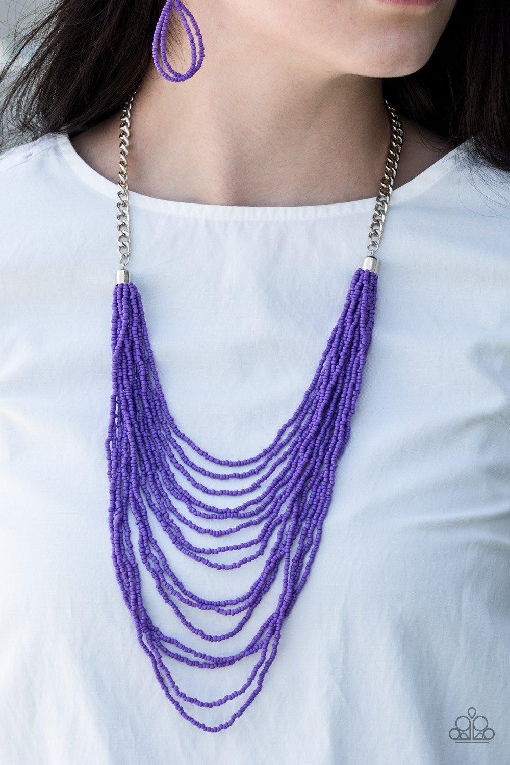 Bora Bombora - Purple Seed Bead Necklace and matching Earrings - Paparazzi Accessories-CarasShop.com - $5 Jewelry by Cara Jewels