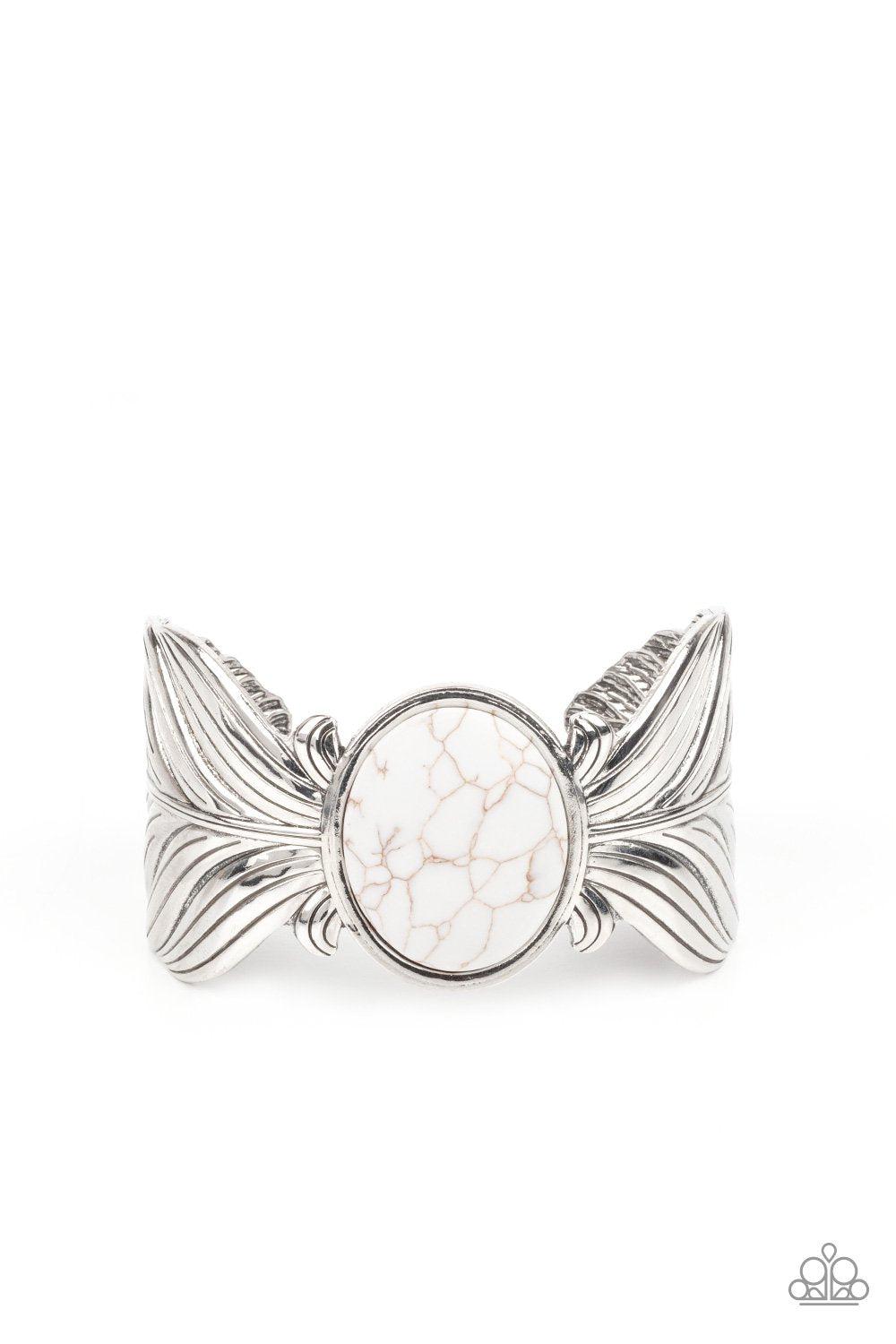 Born to Soar White Stone and Silver Feather Cuff Bracelet - Paparazzi Accessories- lightbox - CarasShop.com - $5 Jewelry by Cara Jewels