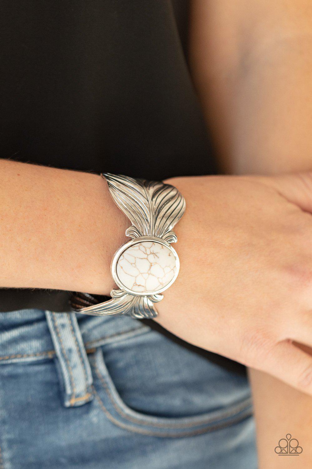 Born to Soar White Stone and Silver Feather Cuff Bracelet - Paparazzi Accessories- model - CarasShop.com - $5 Jewelry by Cara Jewels