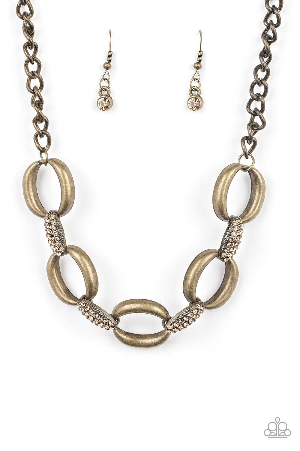 Boss Boulevard Brass and Rhinestone Chain Link Necklace - Paparazzi Accessories-CarasShop.com - $5 Jewelry by Cara Jewels
