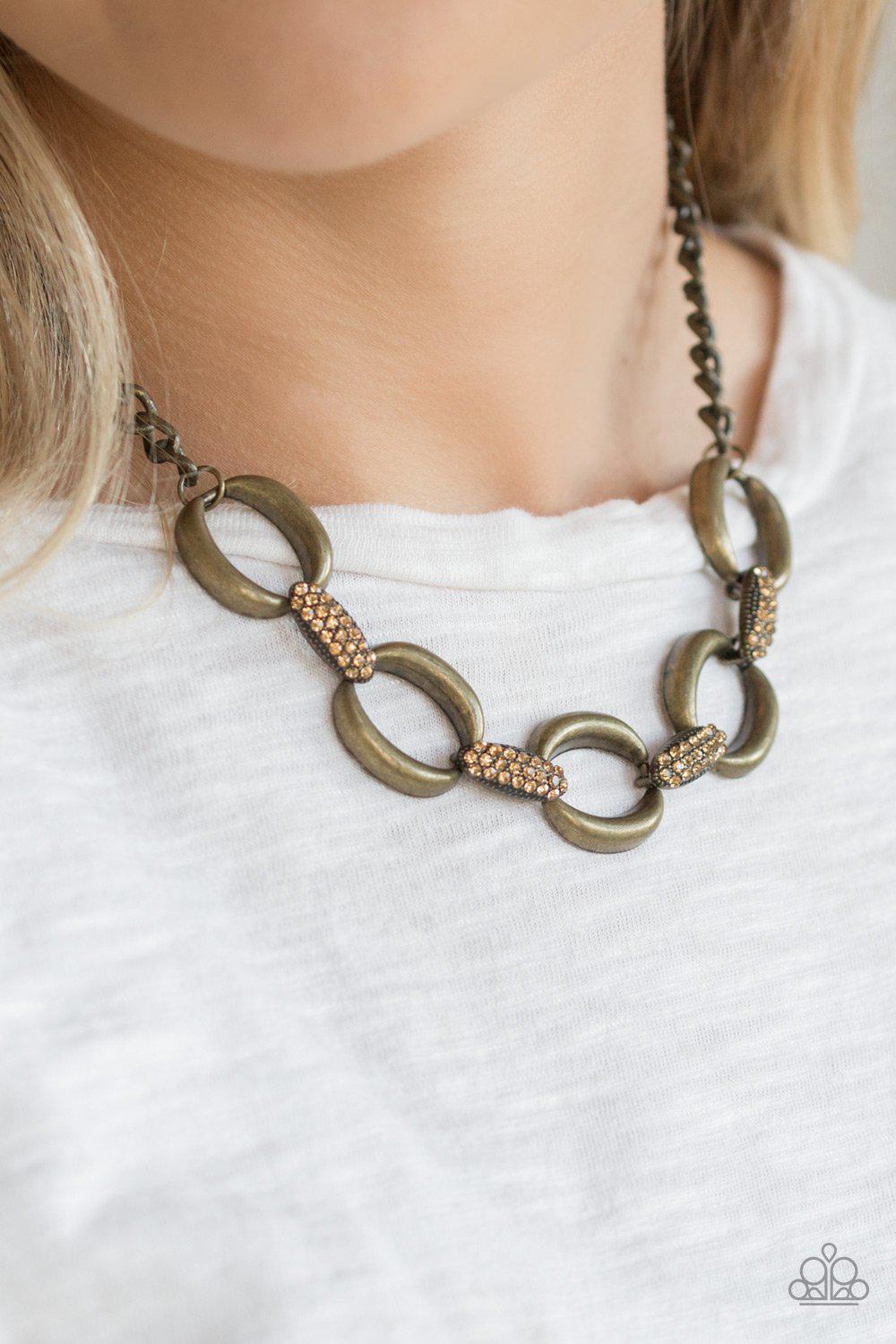 Boss Boulevard Brass and Rhinestone Chain Link Necklace - Paparazzi Accessories-CarasShop.com - $5 Jewelry by Cara Jewels