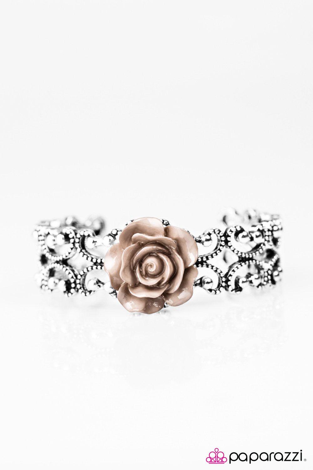 Botanical Bliss Brown Rose and Silver Cuff Bracelet - Paparazzi Accessories-CarasShop.com - $5 Jewelry by Cara Jewels