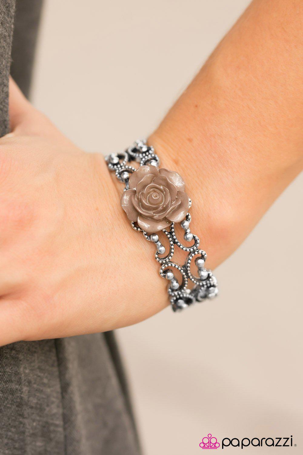 Botanical Bliss Brown Rose and Silver Cuff Bracelet - Paparazzi Accessories-CarasShop.com - $5 Jewelry by Cara Jewels