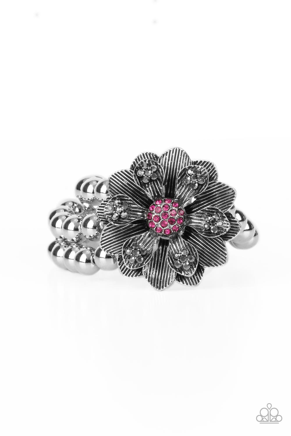 Botanical Bravado Pink & Silver Flower Bracelet - Paparazzi Accessories- lightbox - CarasShop.com - $5 Jewelry by Cara Jewels