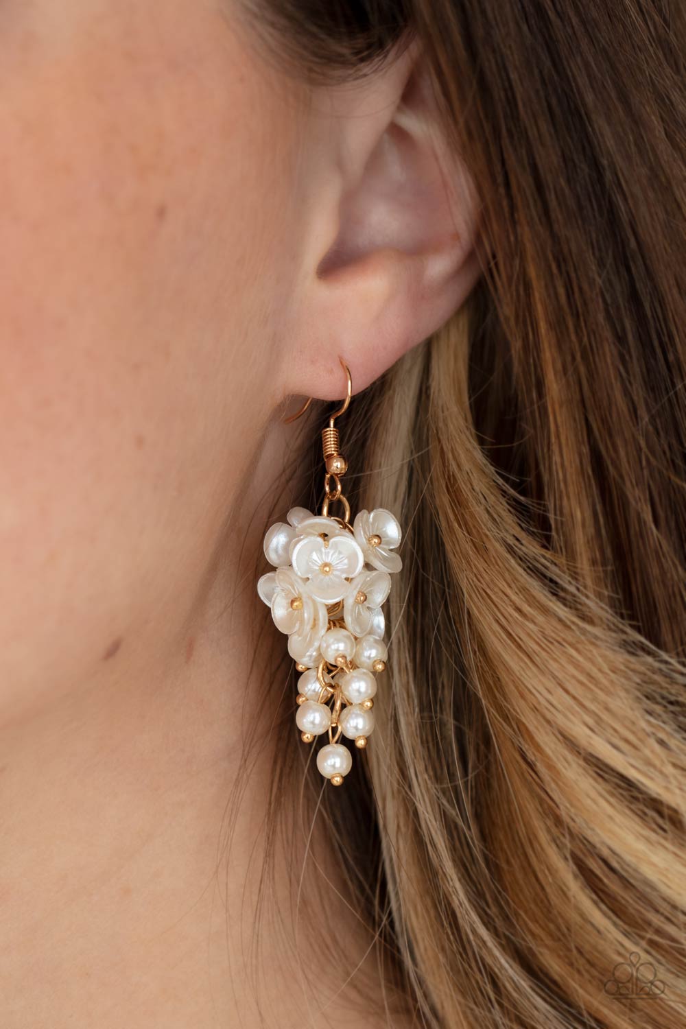 Bountiful Bouquets Gold and White Pearl Flower Earrings - Paparazzi Accessories Life of the Party Exclusive June 2021- model - CarasShop.com - $5 Jewelry by Cara Jewels