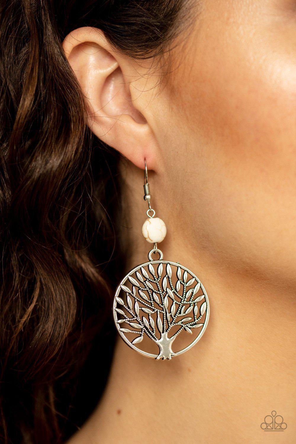Bountiful Branches White Stone and Silver Tree Earrings - Paparazzi Accessories-CarasShop.com - $5 Jewelry by Cara Jewels