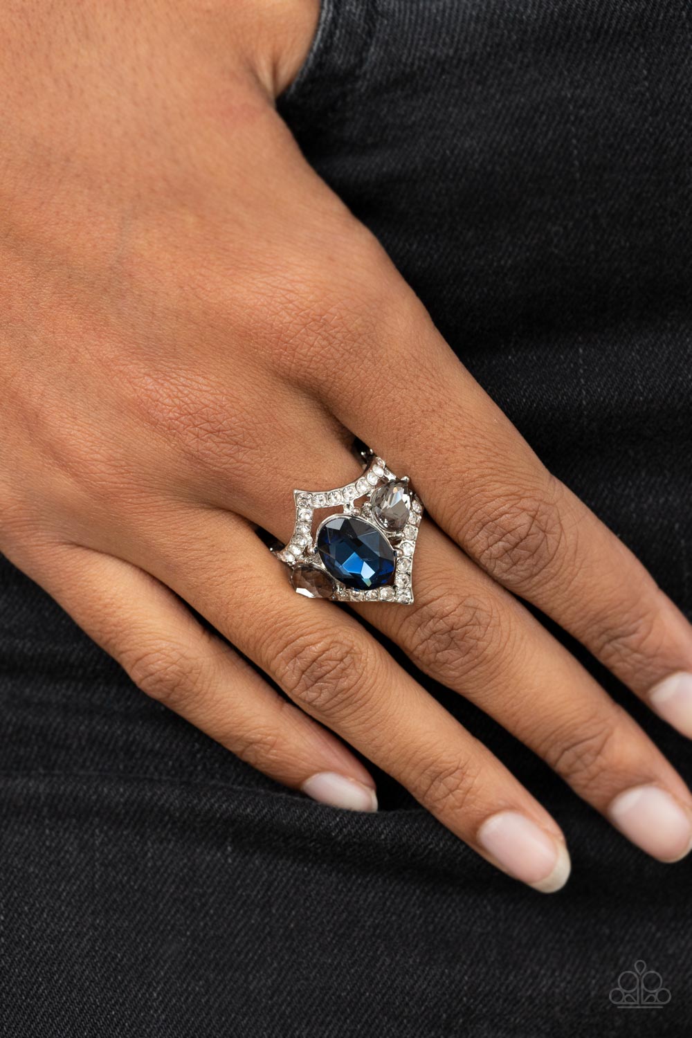 Bow Down to Dazzle Blue Rhinestone Ring - Paparazzi Accessories-on model - CarasShop.com - $5 Jewelry by Cara Jewels