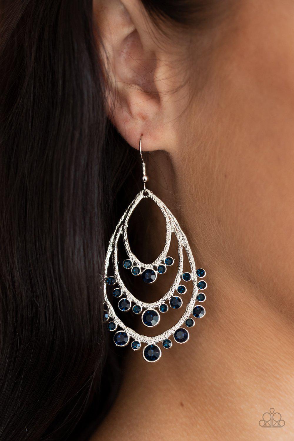 Break Out In TIERS Blue Rhinestone Teardrop Earrings - Paparazzi Accessories - model -CarasShop.com - $5 Jewelry by Cara Jewels