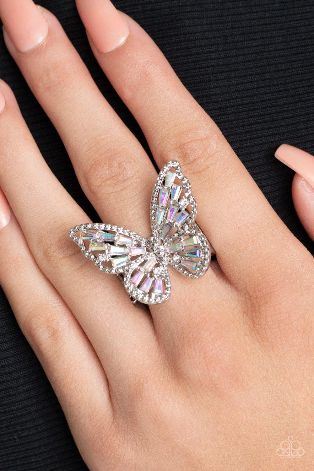 Bright-Eyed Butterfly Multi Iridescent Rhinestone Ring - Paparazzi Accessories-on model - CarasShop.com - $5 Jewelry by Cara Jewels