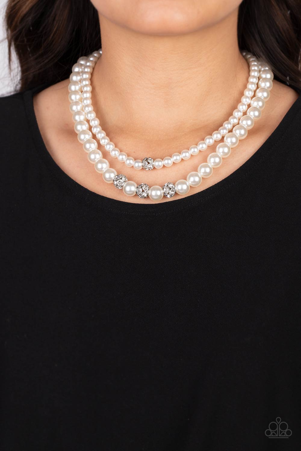 Brilliant Ballerina White Pearl Necklace - Paparazzi Accessories-on model - CarasShop.com - $5 Jewelry by Cara Jewels