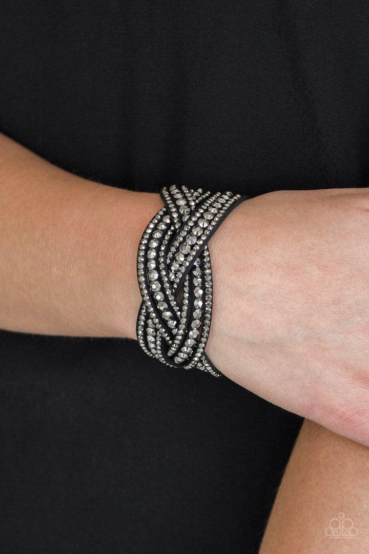 Bring On The Bling Black and Hematite Braided Wrap Snap Bracelet - Paparazzi Accessories- model - CarasShop.com - $5 Jewelry by Cara Jewels