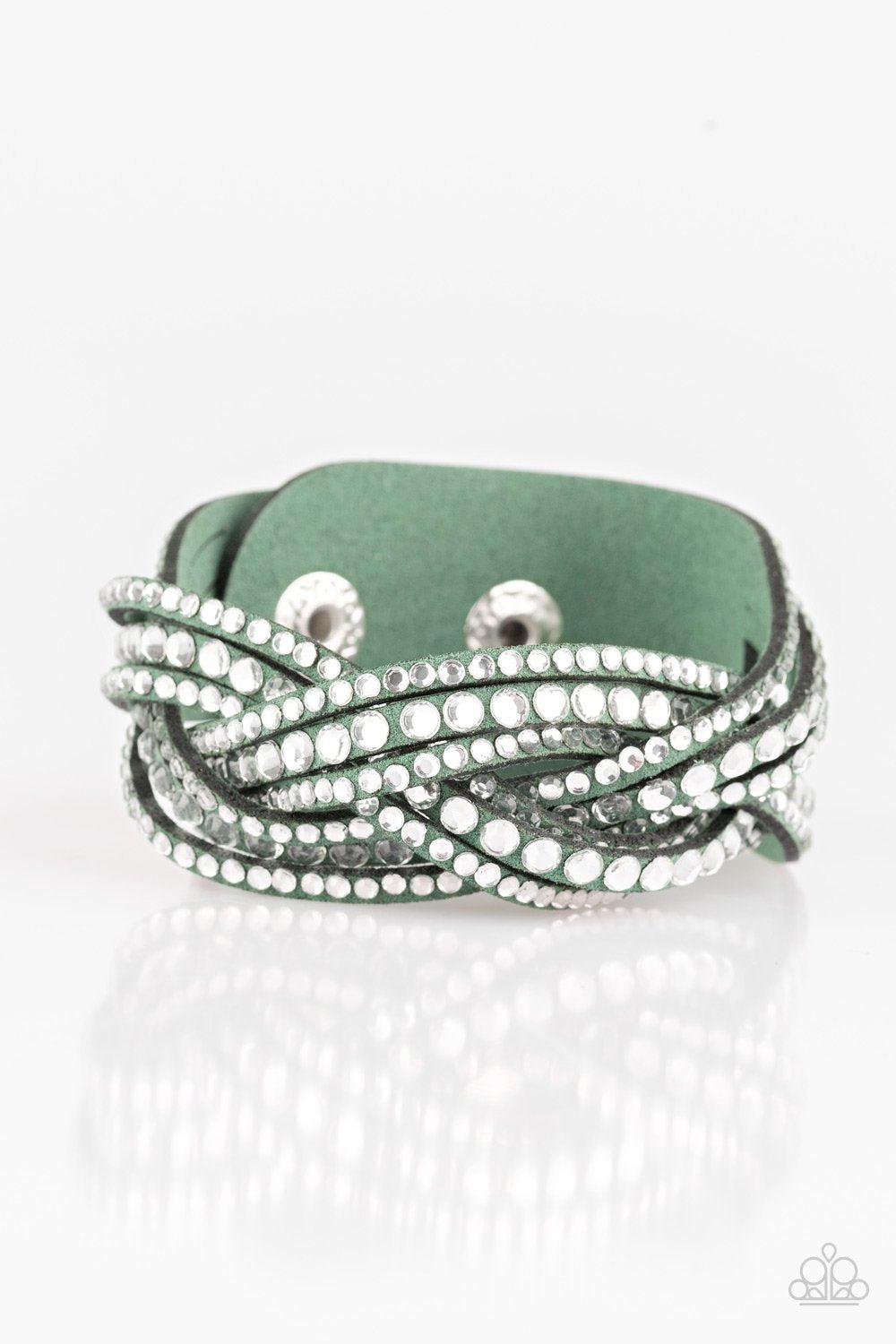 Bring on the Bling Green and White Rhinestone Braided Urban Wrap Snap Bracelet - Paparazzi Accessories-CarasShop.com - $5 Jewelry by Cara Jewels