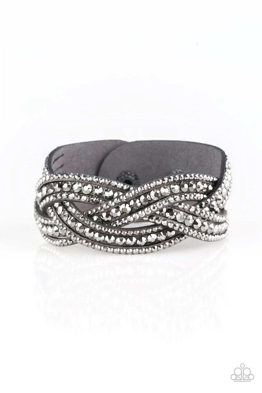 Bring On The Bling Silver Braided Wrap Snap Bracelet - Paparazzi Accessories-CarasShop.com - $5 Jewelry by Cara Jewels