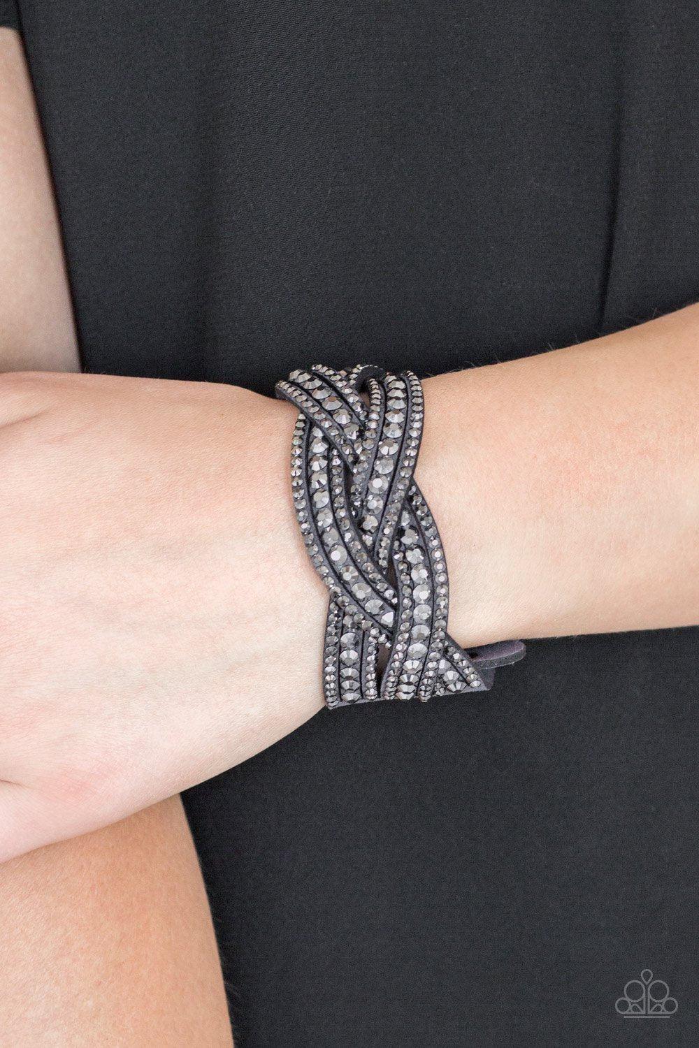 Bring On The Bling Silver Braided Wrap Snap Bracelet - Paparazzi Accessories-CarasShop.com - $5 Jewelry by Cara Jewels