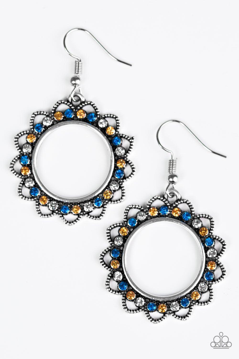 Bring Your Tambourine Multi - Blue and Orange Rhinestone Earrings - Paparazzi Accessories-CarasShop.com - $5 Jewelry by Cara Jewels
