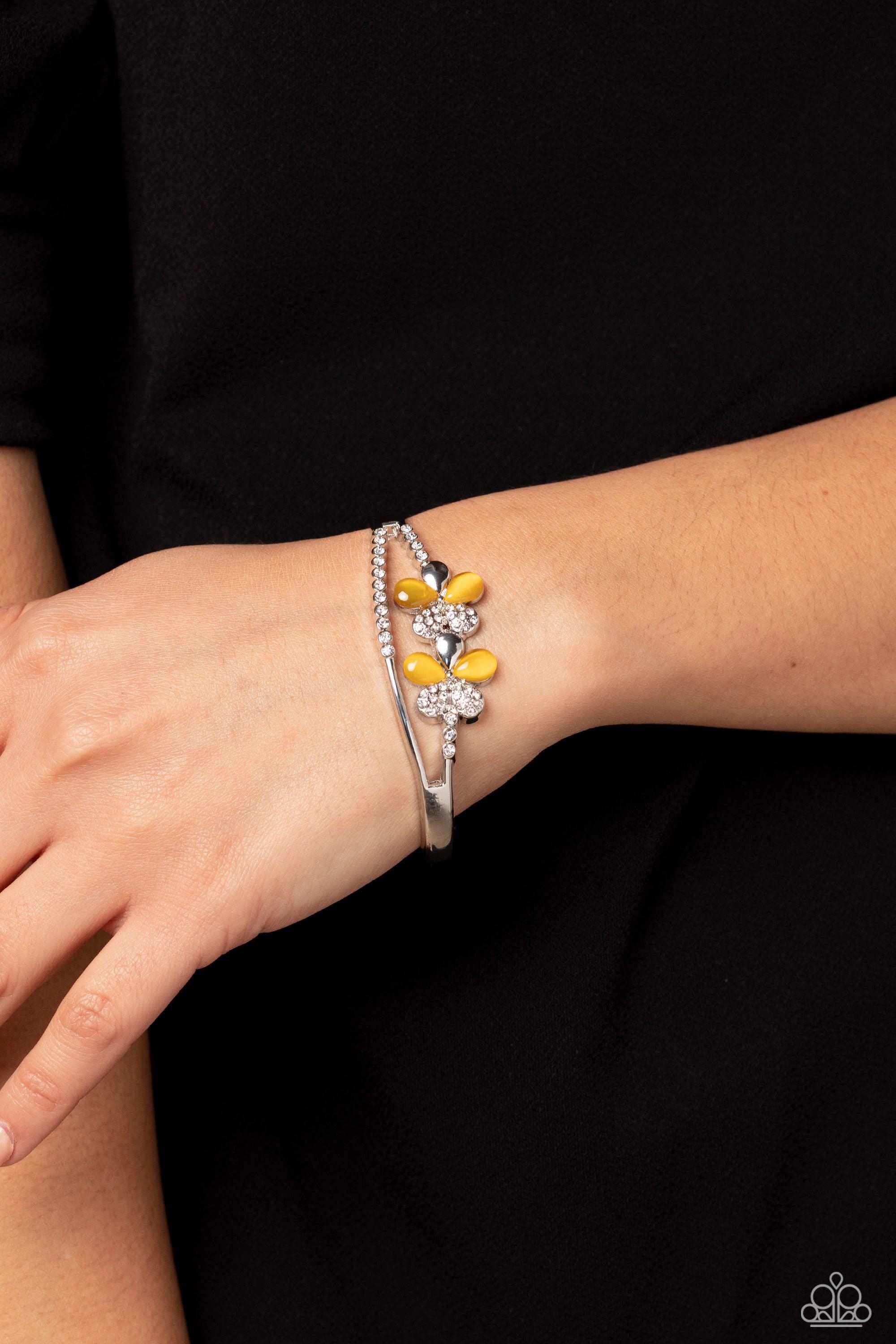 Broadway Stage Yellow Cat's Eye Stone Floral Cuff Bracelet- lightbox - CarasShop.com - $5 Jewelry by Cara Jewels