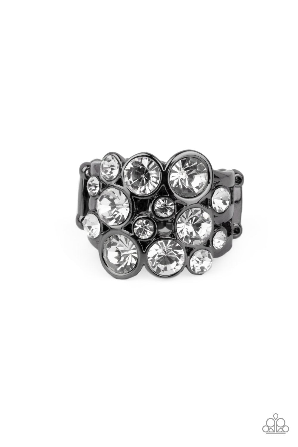 Bubbling Bravado Gunmetal Black and White Rhinestone Ring - Paparazzi Accessories- lightbox - CarasShop.com - $5 Jewelry by Cara Jewels