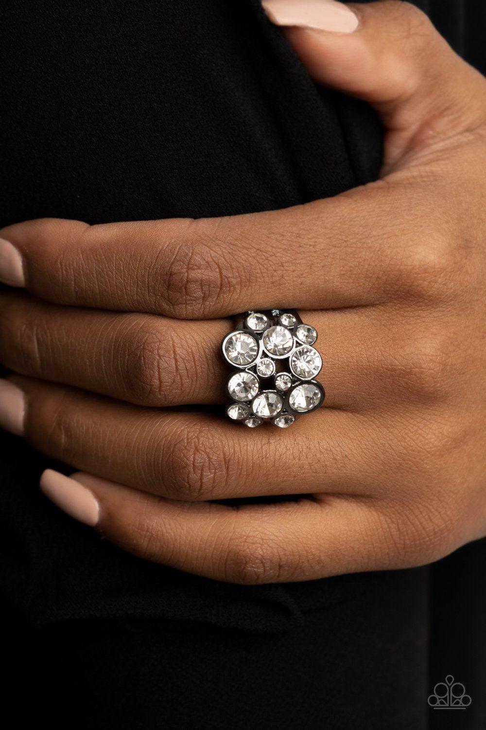 Bubbling Bravado Gunmetal Black and White Rhinestone Ring - Paparazzi Accessories- model - CarasShop.com - $5 Jewelry by Cara Jewels