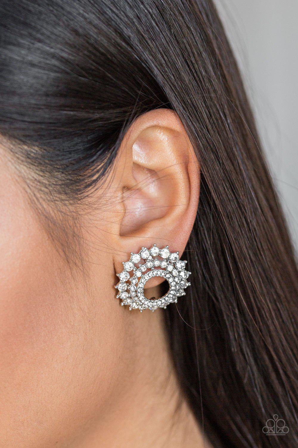 Buckingham Beauty White Rhinestone Post Earrings - Paparazzi Accessories-CarasShop.com - $5 Jewelry by Cara Jewels