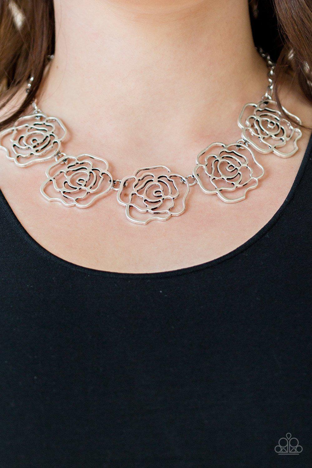 Budding Beauty Silver Flower Necklace - Paparazzi Accessories - model -CarasShop.com - $5 Jewelry by Cara Jewels