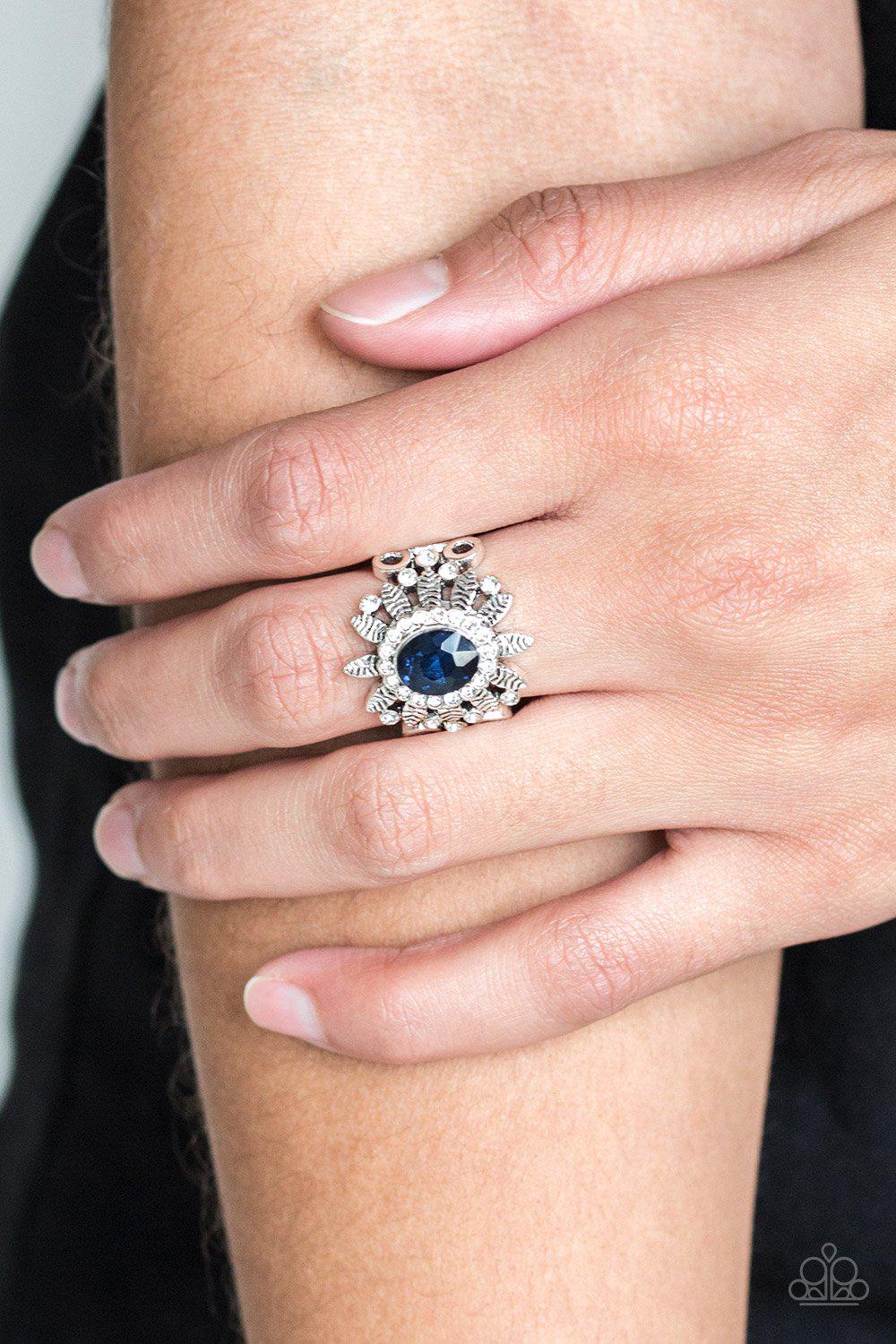 Burn Bright Blue and White Rhinestone Ring - Paparazzi Accessories-CarasShop.com - $5 Jewelry by Cara Jewels