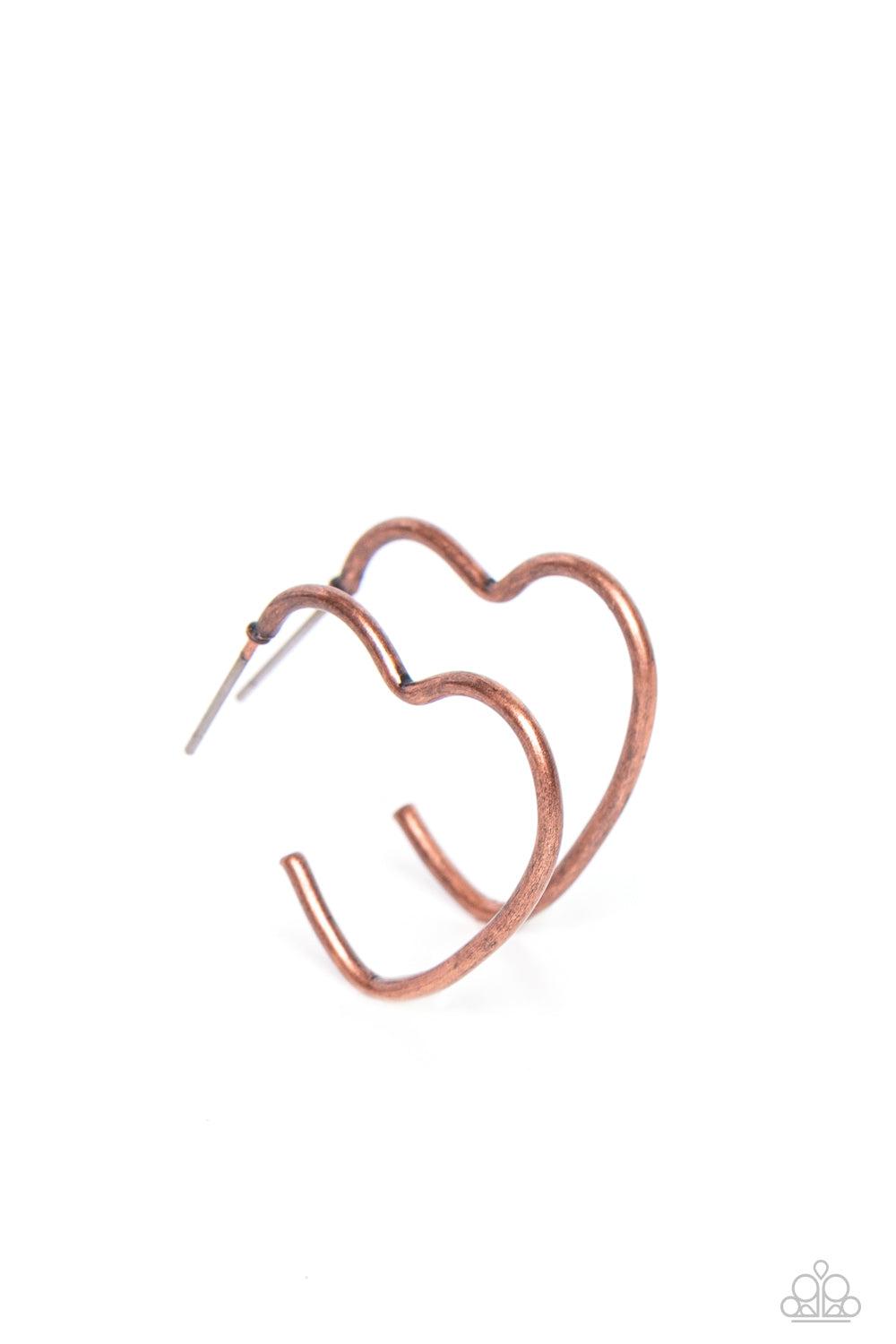 Burnished Beau Copper Heart Hoop Earrings - Paparazzi Accessories- lightbox - CarasShop.com - $5 Jewelry by Cara Jewels