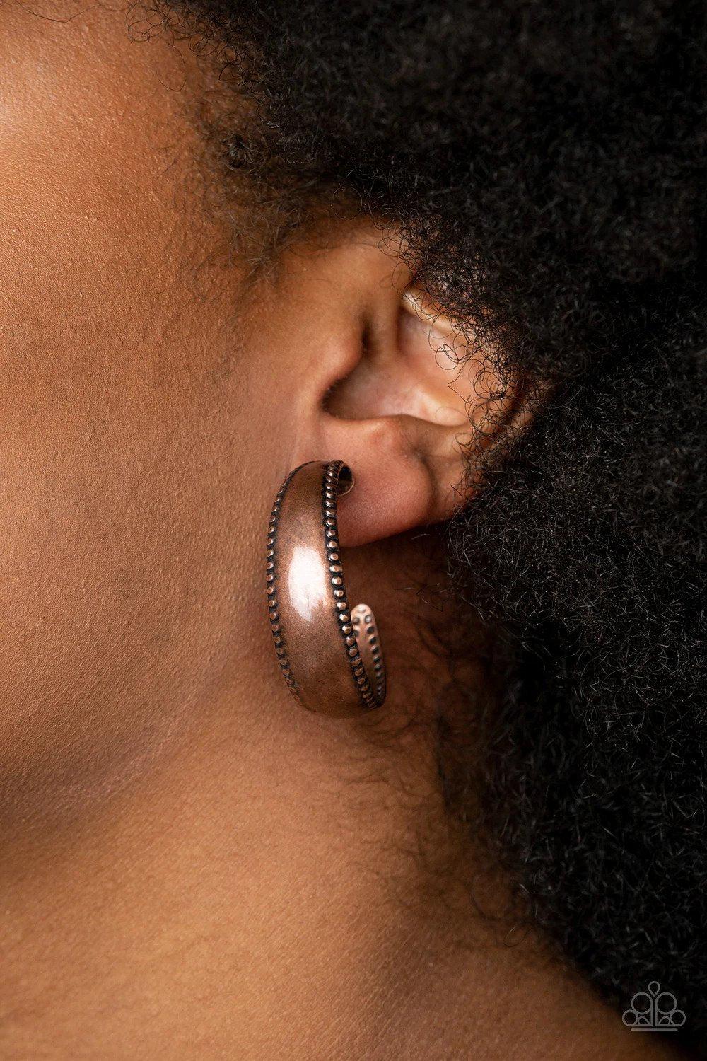 Burnished Benevolence Copper Earrings - Paparazzi Accessories- on model - CarasShop.com - $5 Jewelry by Cara Jewels