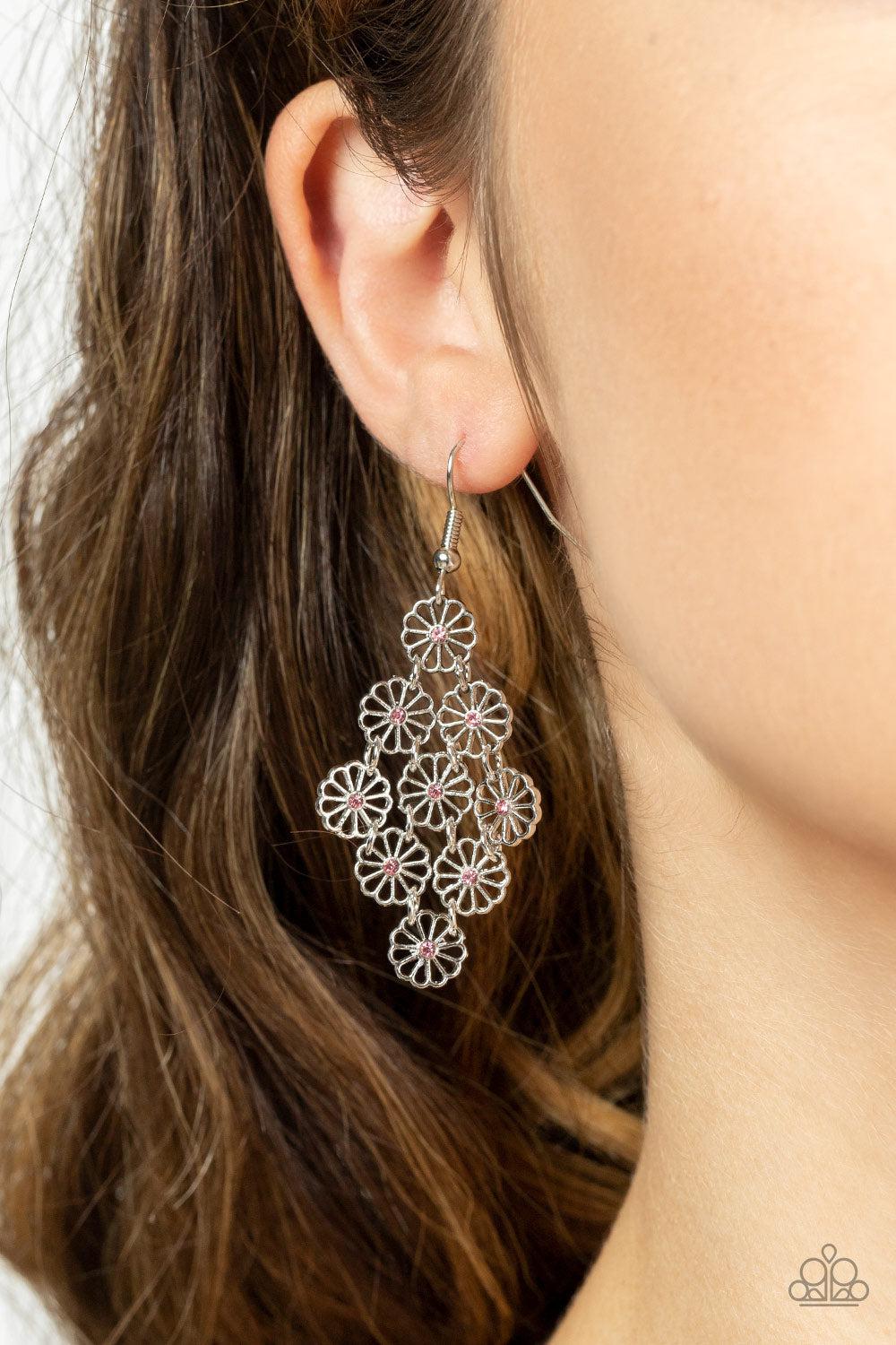 Bustling Blooms Pink Flower Earrings - Paparazzi Accessories-on model - CarasShop.com - $5 Jewelry by Cara Jewels