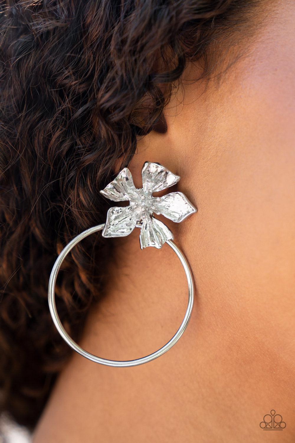 Buttercup Bliss Silver Flower Post Earrings - Paparazzi Accessories-on model - CarasShop.com - $5 Jewelry by Cara Jewels