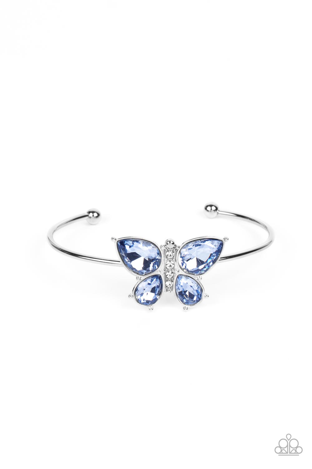 Butterfly Beatitude Blue Rhinestone Butterfly Cuff Bracelet - Paparazzi Accessories- lightbox - CarasShop.com - $5 Jewelry by Cara Jewels