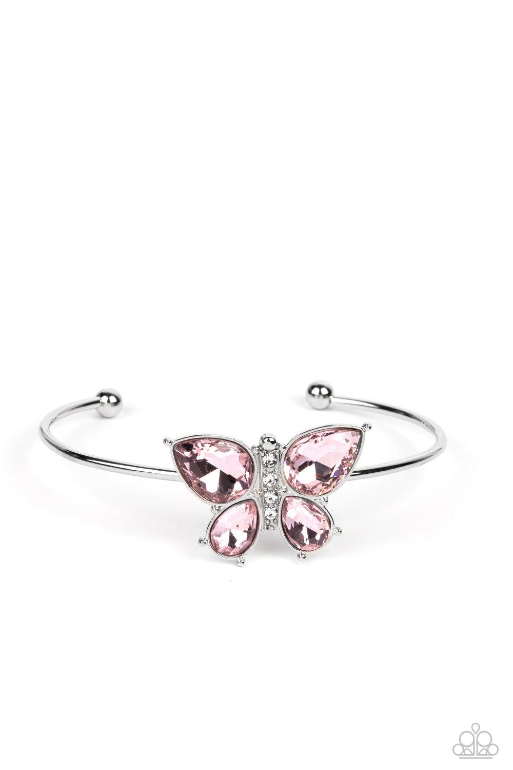 Butterfly Beatitude Pink Rhinestone Butterfly Cuff Bracelet - Paparazzi Accessories- lightbox - CarasShop.com - $5 Jewelry by Cara Jewels