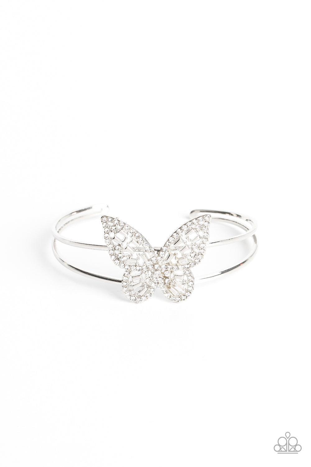 Butterfly Bella White Rhinestone Cuff Bracelet - Paparazzi Accessories- lightbox - CarasShop.com - $5 Jewelry by Cara Jewels