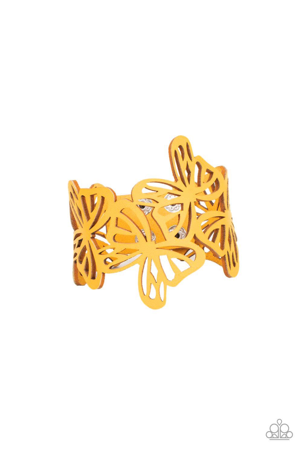 Butterfly Breeze Yellow Wrap Bracelet - Paparazzi Accessories- lightbox - CarasShop.com - $5 Jewelry by Cara Jewels