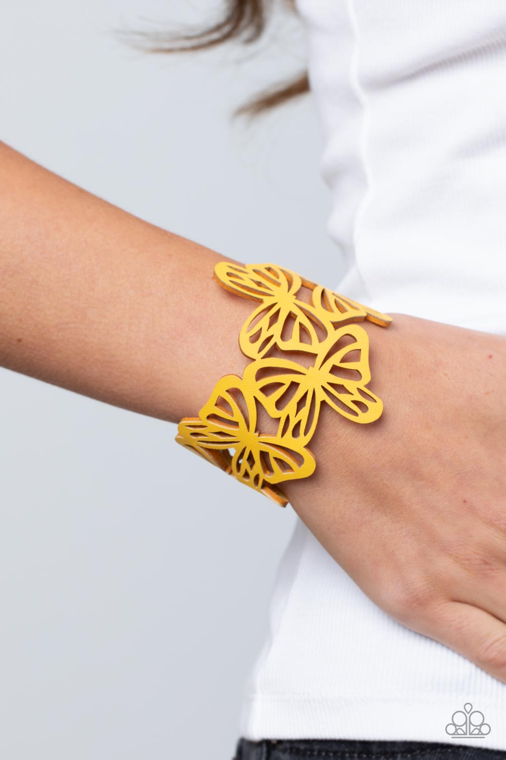 Butterfly Breeze Yellow Wrap Bracelet - Paparazzi Accessories-on model - CarasShop.com - $5 Jewelry by Cara Jewels