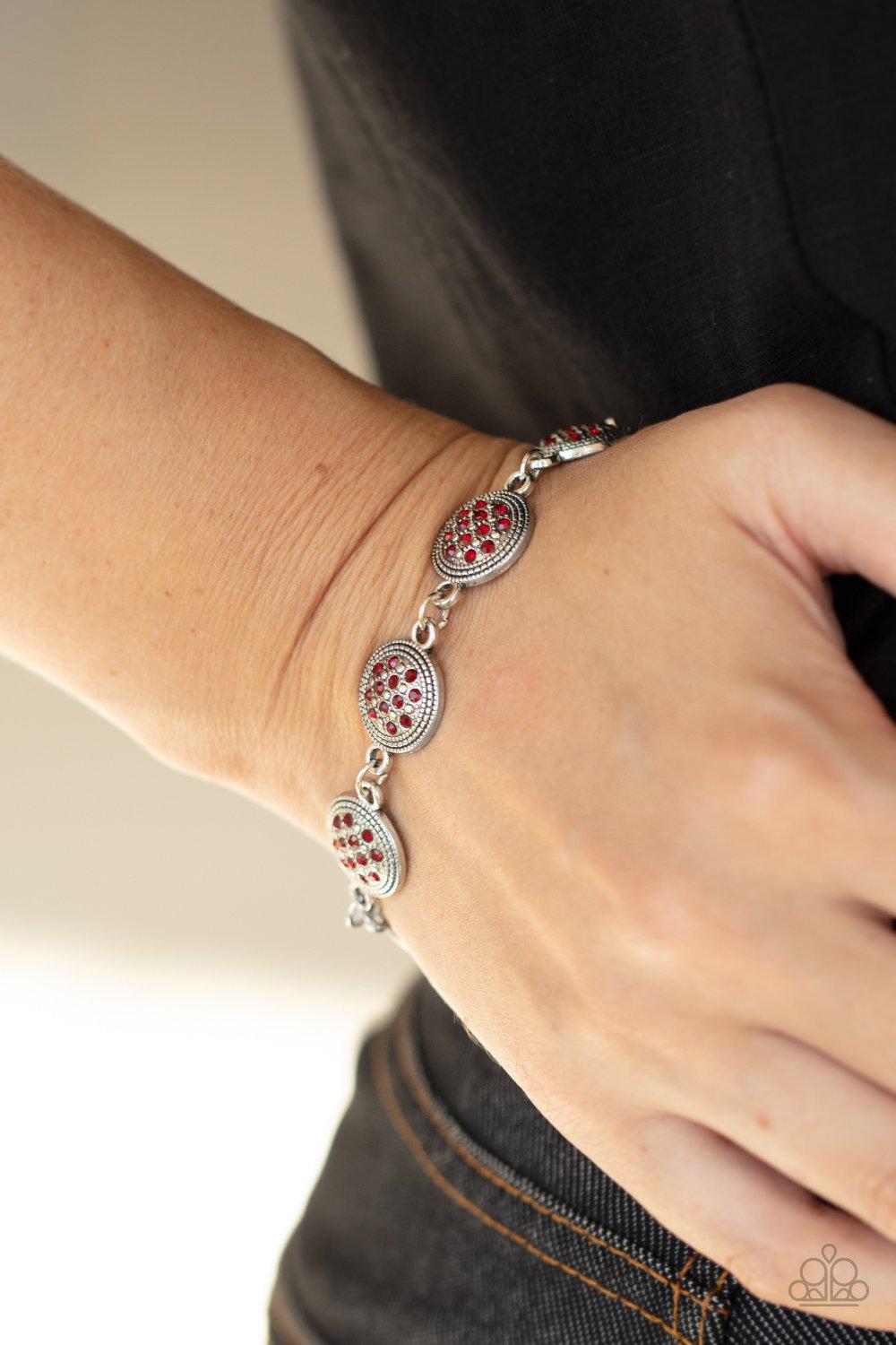By Royal Decree Red Rhinestone and Silver Bracelet - Paparazzi Accessories - lightbox -CarasShop.com - $5 Jewelry by Cara Jewels