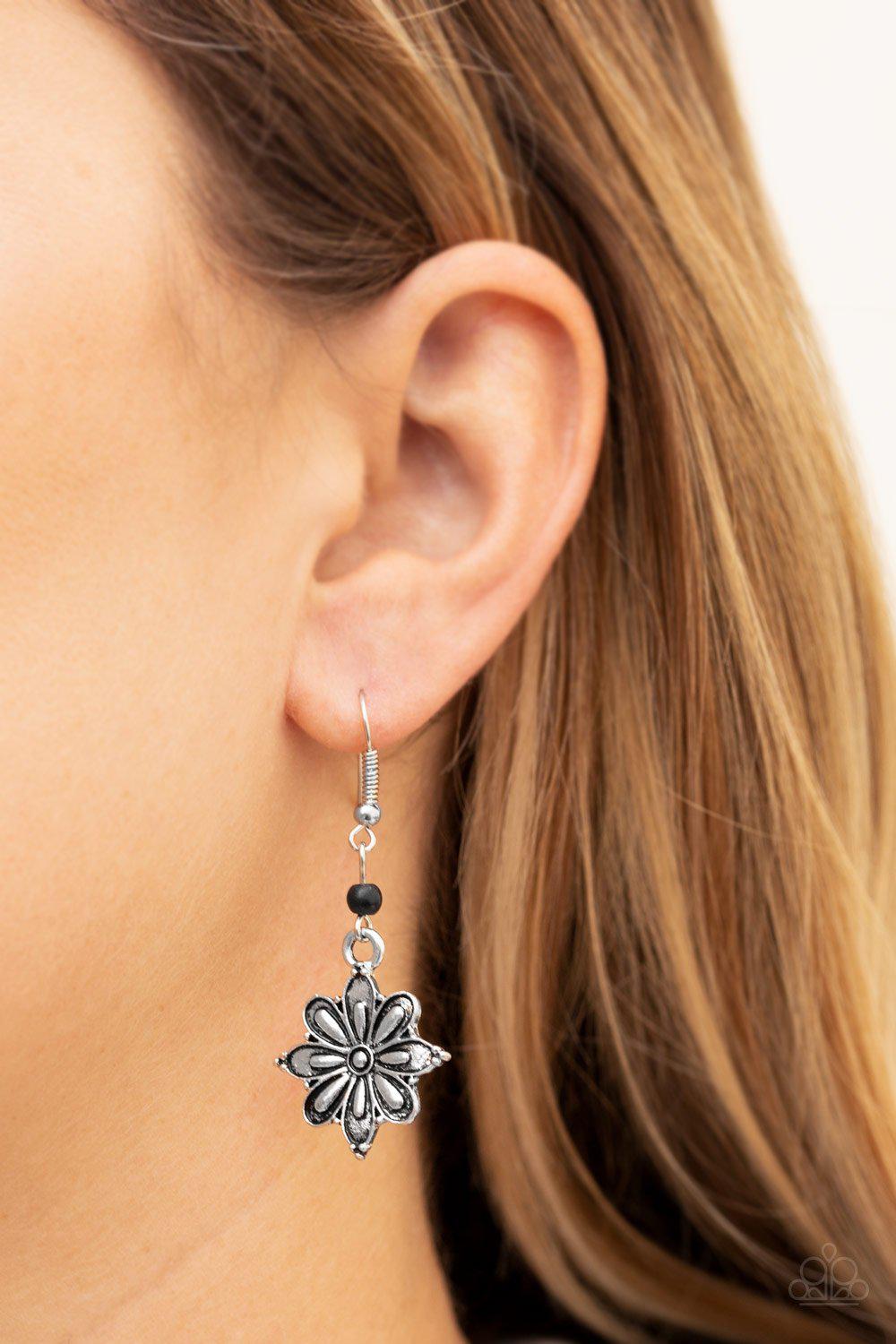 Cactus Blossom Black and Silver Flower Earrings - Paparazzi Accessories - model -CarasShop.com - $5 Jewelry by Cara Jewels