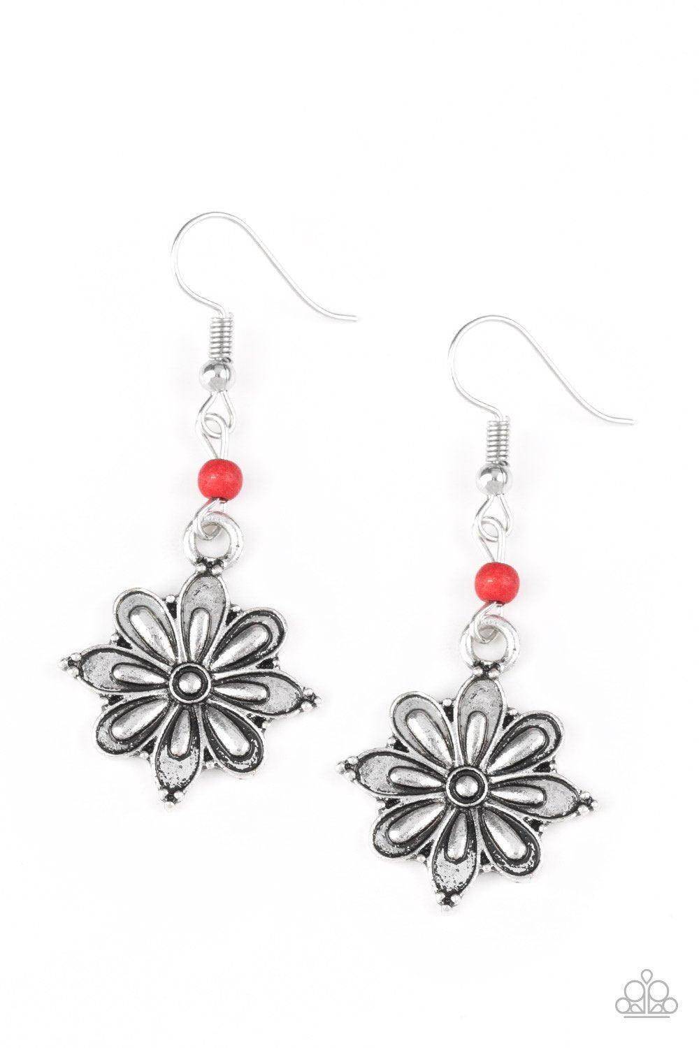 Cactus Blossom Red and Silver Flower Earrings - Paparazzi Accessories - lightbox -CarasShop.com - $5 Jewelry by Cara Jewels