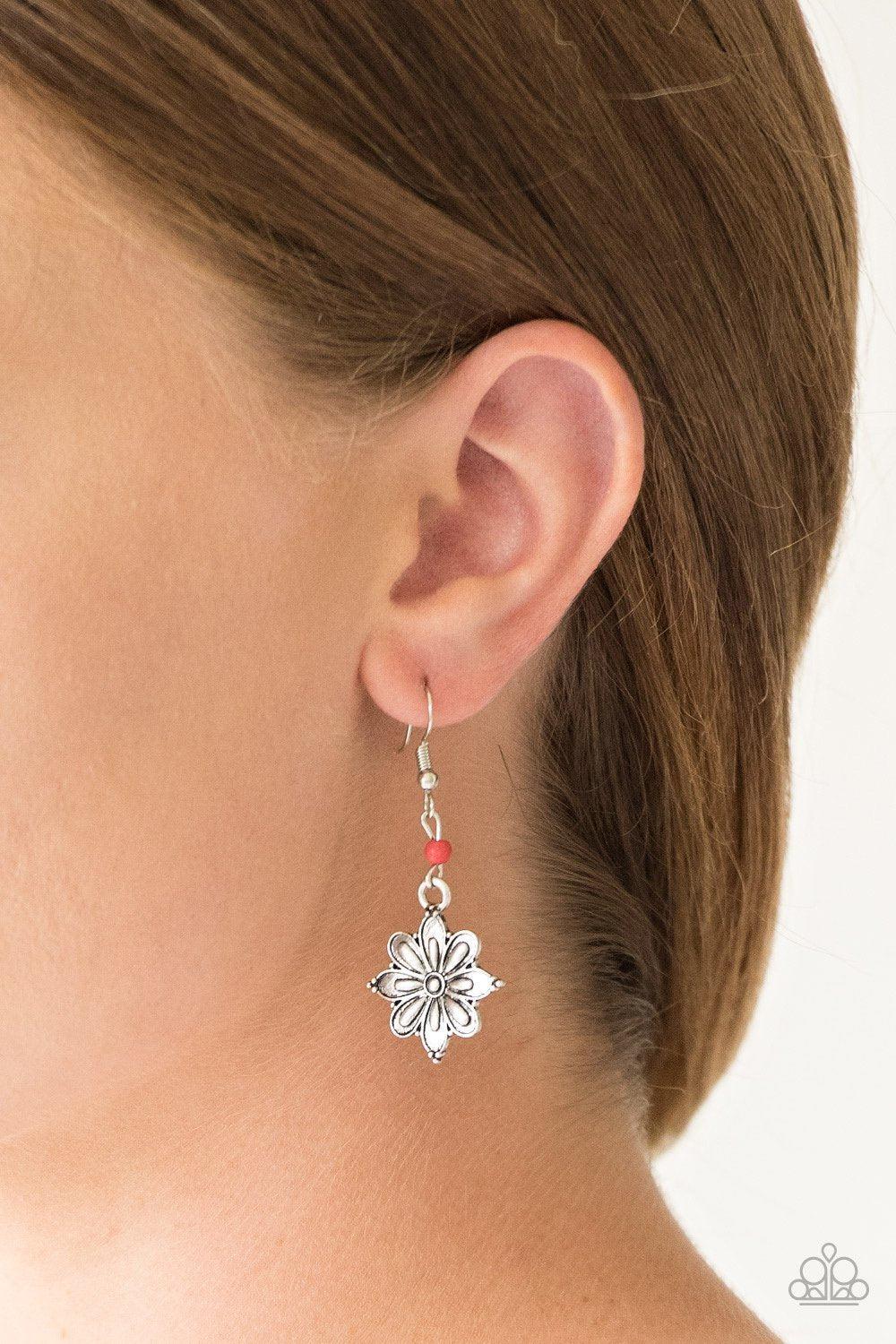 Cactus Blossom Red and Silver Flower Earrings - Paparazzi Accessories - model -CarasShop.com - $5 Jewelry by Cara Jewels