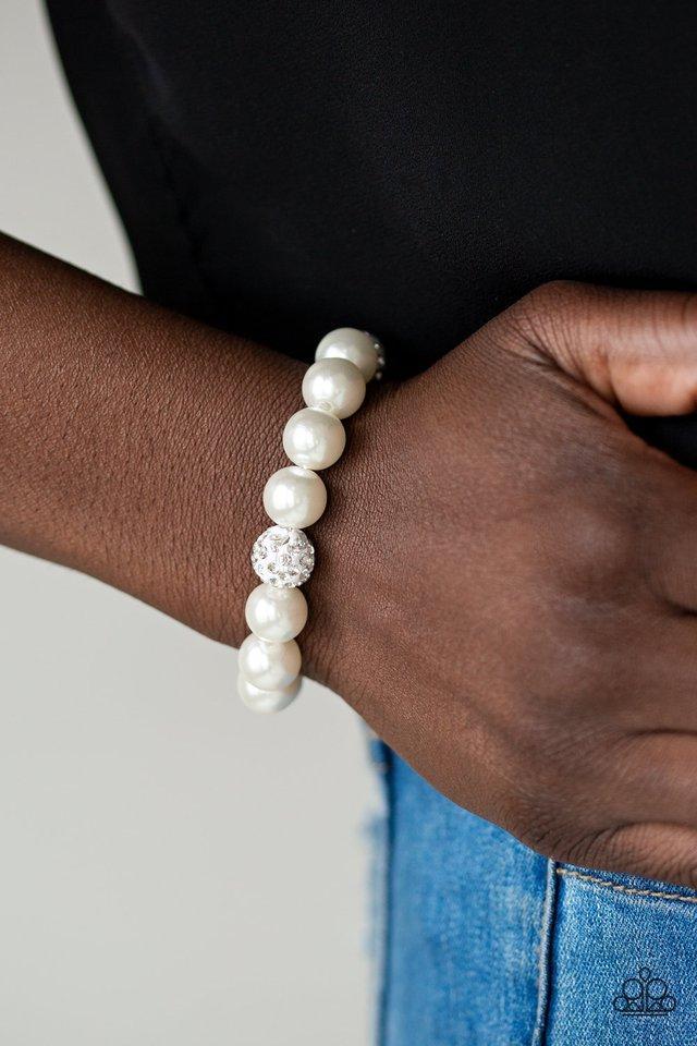 Cake Walk White Pearl and Rhinestone Bracelet - Paparazzi Accessories- model - CarasShop.com - $5 Jewelry by Cara Jewels