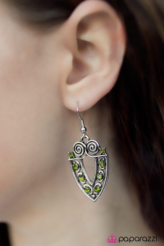 Call A Spade A Spade Green Rhinestone and Silver Earrings - Paparazzi Accessories - model -CarasShop.com - $5 Jewelry by Cara Jewels