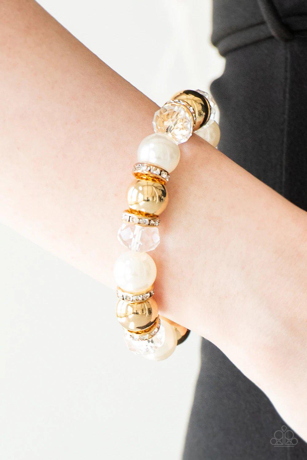 Camera Chic White and Gold Pearl Bracelet-on model - CarasShop.com - $5 Jewelry by Cara Jewels