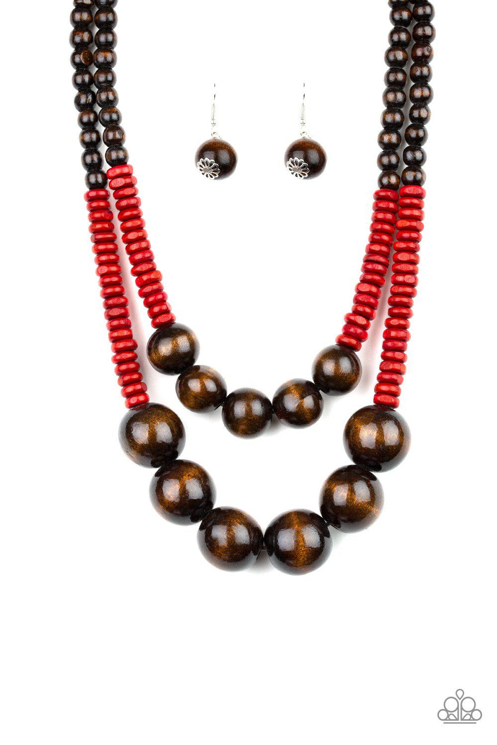 Cancun Cast Away Red and Brown Wood Necklace - Paparazzi Accessories-CarasShop.com - $5 Jewelry by Cara Jewels