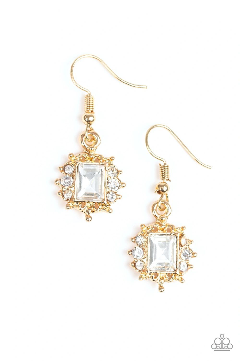 Can&#39;t Stop The REIGN Gold and White Rhinestone Earrings - Paparazzi Accessories - lightbox -CarasShop.com - $5 Jewelry by Cara Jewels