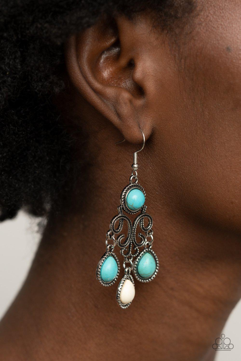 Canyon Chandelier Multi Turquoise Blue and White Stone Earrings - Paparazzi Accessories- model - CarasShop.com - $5 Jewelry by Cara Jewels
