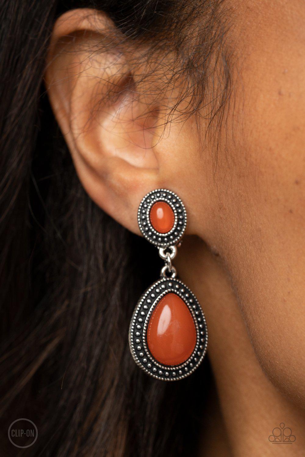 Carefree Clairvoyance Orange Opal Clip-On Earrings - Paparazzi Accessories- model - CarasShop.com - $5 Jewelry by Cara Jewels