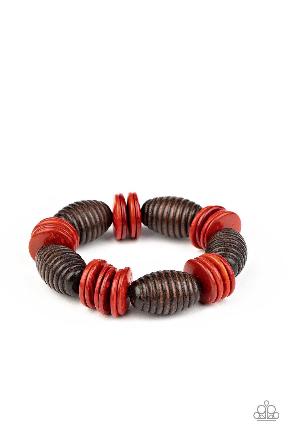 Caribbean Castaway Red and Brown Wood Bracelet - Paparazzi Accessories-CarasShop.com - $5 Jewelry by Cara Jewels
