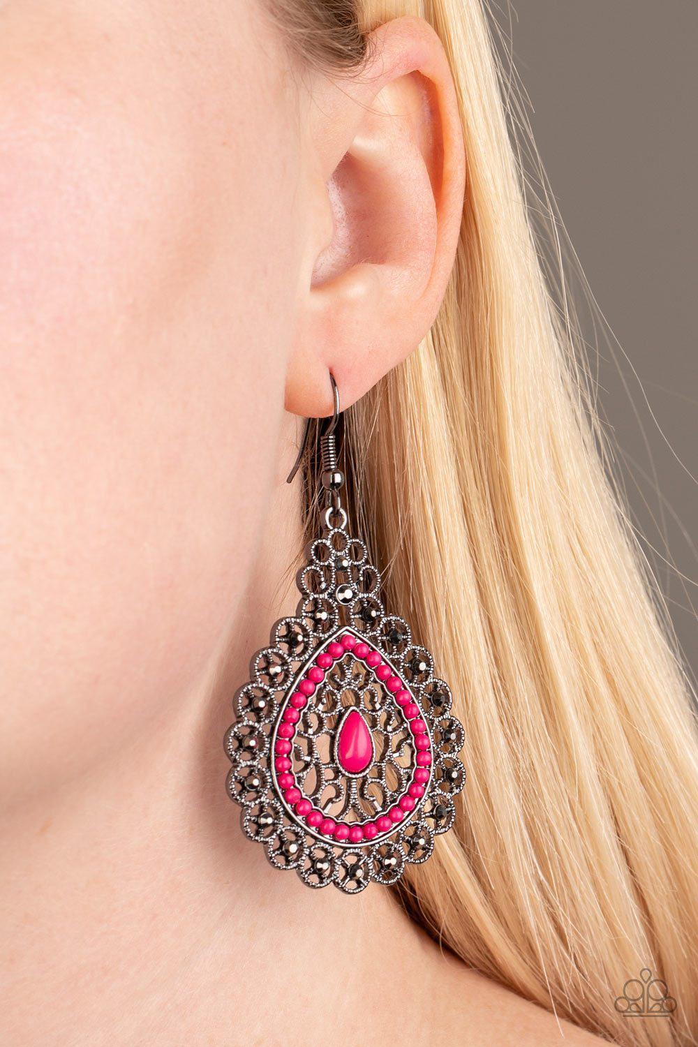 Carnival Courtesan Pink and Gunmetal Earrings - Paparazzi Accessories - model -CarasShop.com - $5 Jewelry by Cara Jewels