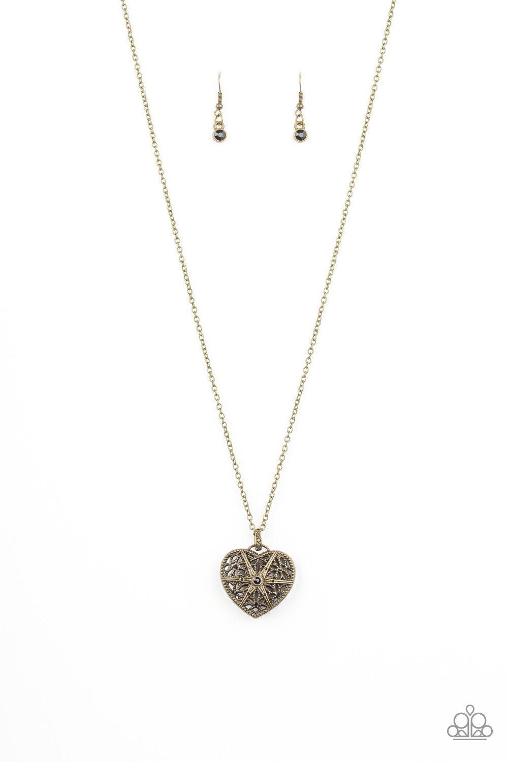 Casanova Charm Black Rhinestone and Brass Heart Necklace - Paparazzi Accessories - lightbox -CarasShop.com - $5 Jewelry by Cara Jewels